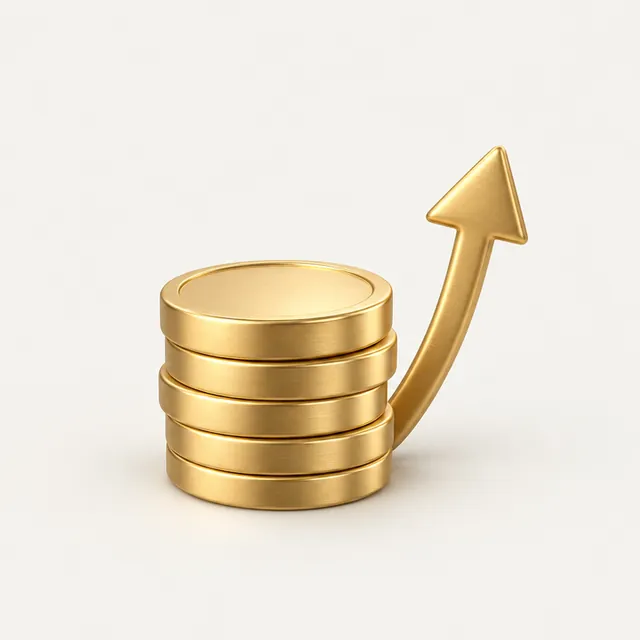 A stack of gold coins with a rising gold arrow